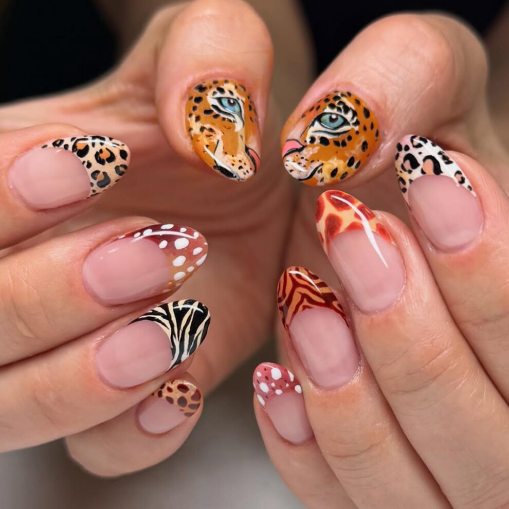 Leopard Print Press on Nails French Tip Fake Nails Medium Almond with Glue SalonQuality 24Pcs