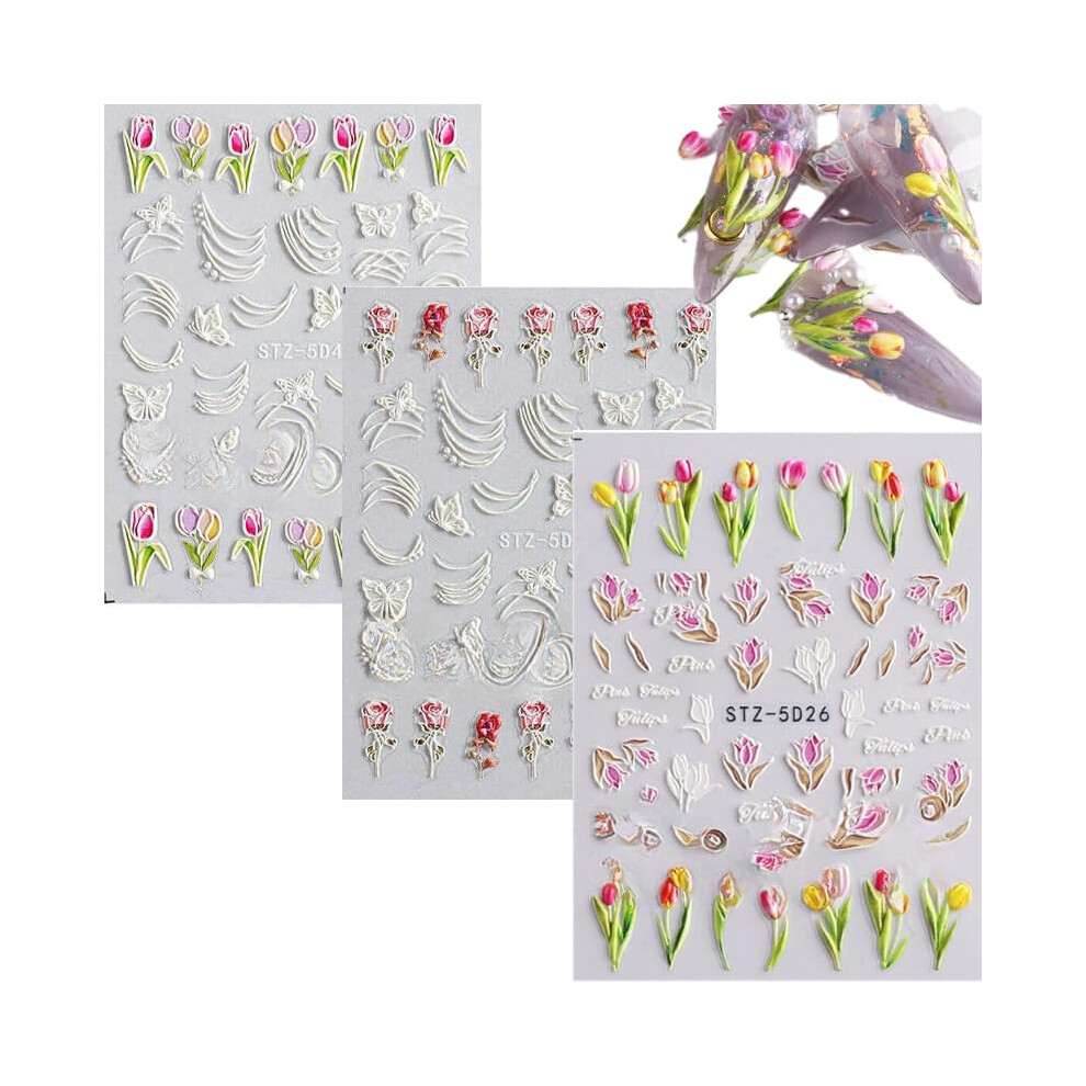 5D Embossed Flower Nail Art Stickers with SelfAdhesive Butterfly and Rose Decals for Manicure
