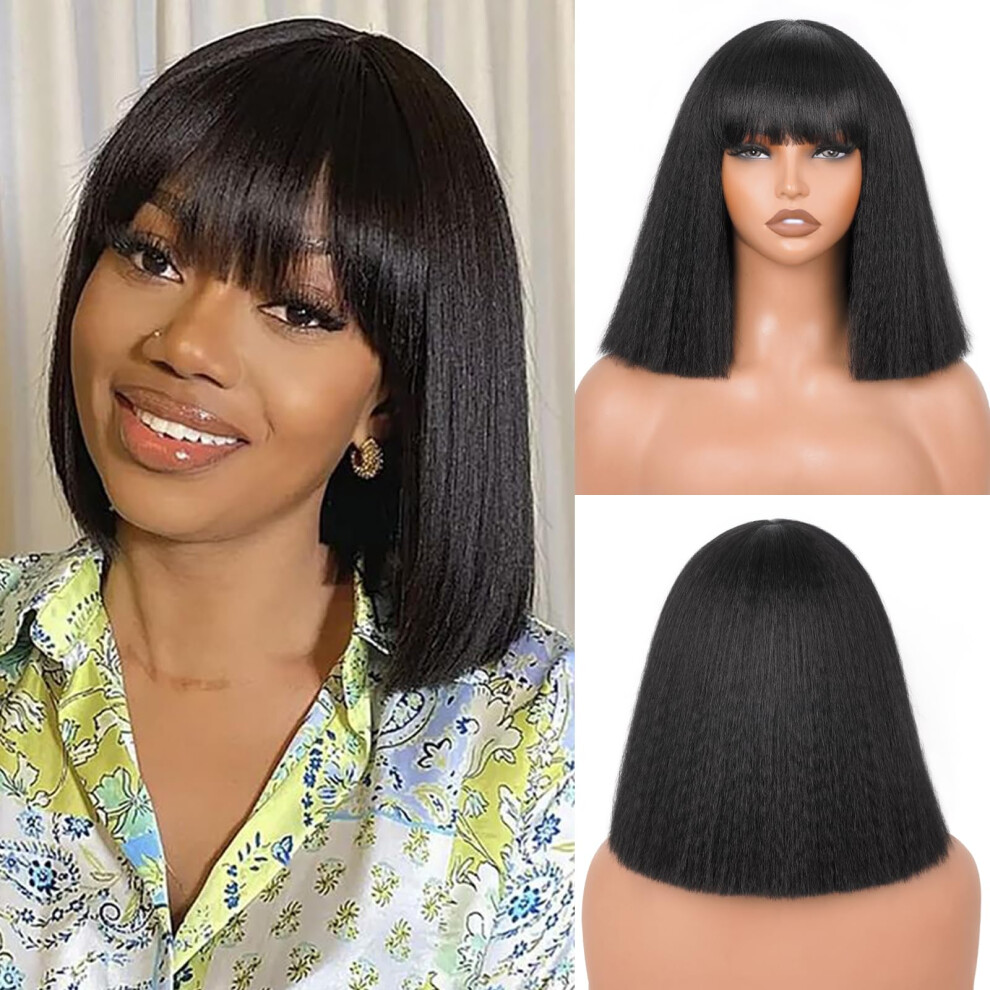 Unisex Black 12 Inch Yaki Straight Bob Wig With Bangs, Glueless Wig For Women, Natural Texture