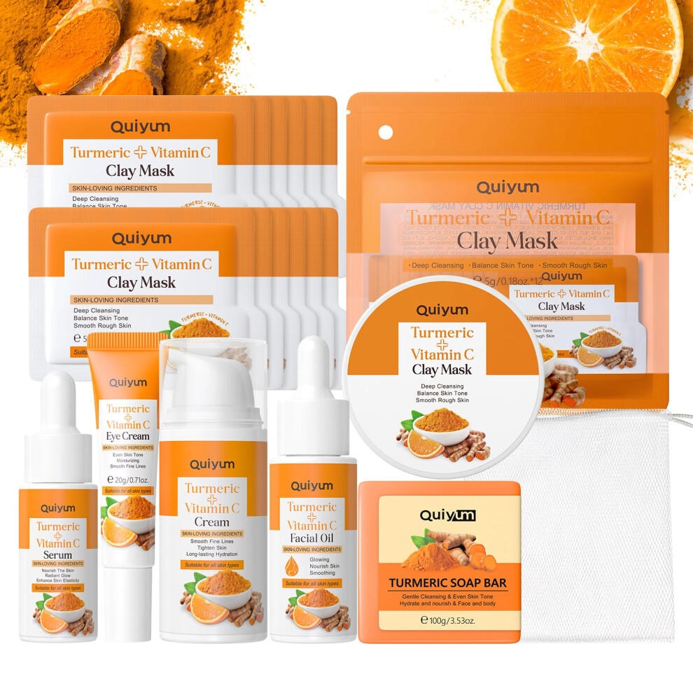 Cream Turmeric Vitamin C Skincare Set With Serum, Eye Masks, Facial Oil, Brightening Antiacne 7Pcs