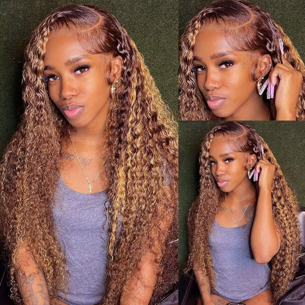 Unisex Black Human Hair Lace Front Wig 200% Density Jerry Curly P4/30 Highlight Glueless 5X5 For Women