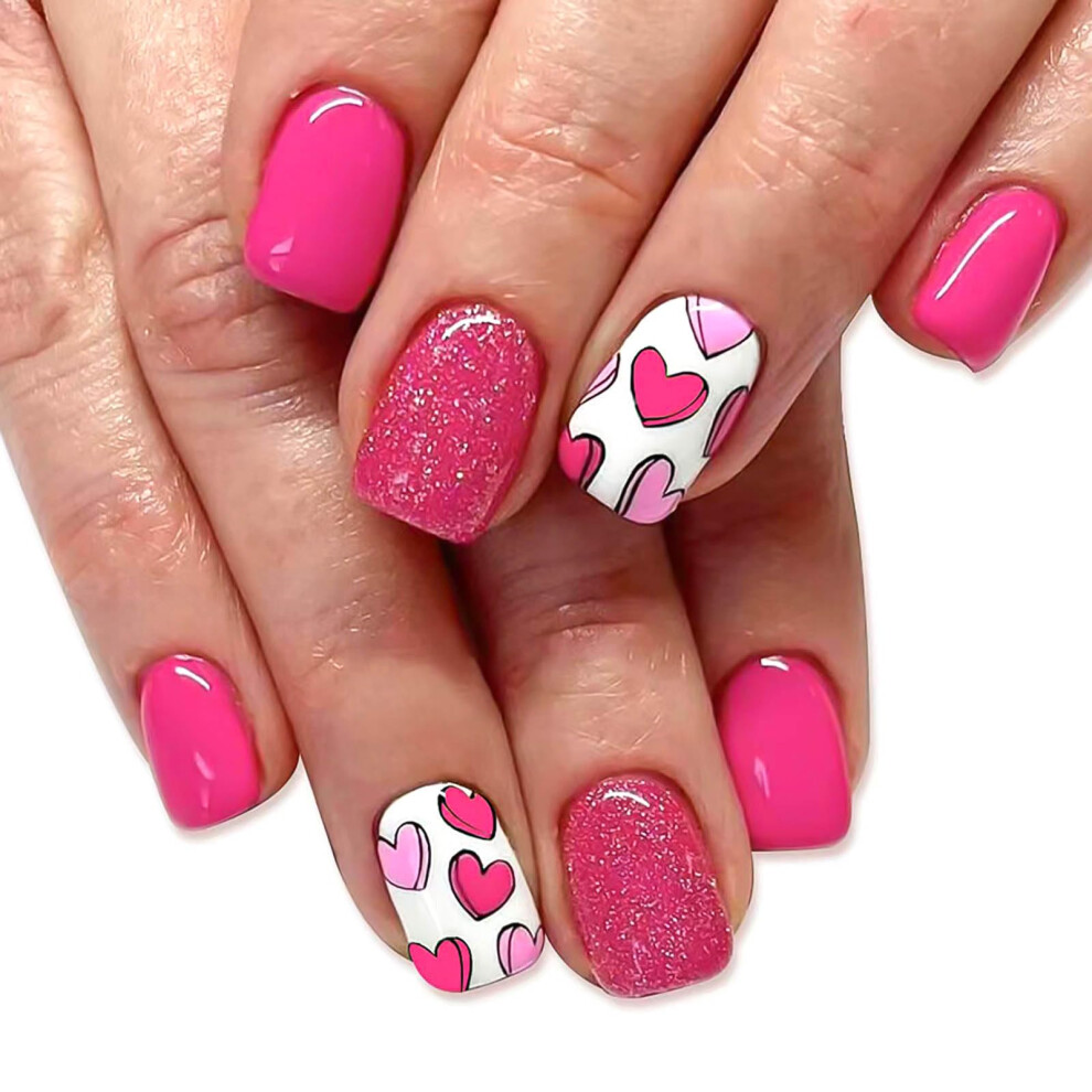 Valentine Pink Press On Nails Short Square Fake Nails Glitter with Heart Designs 24pcs