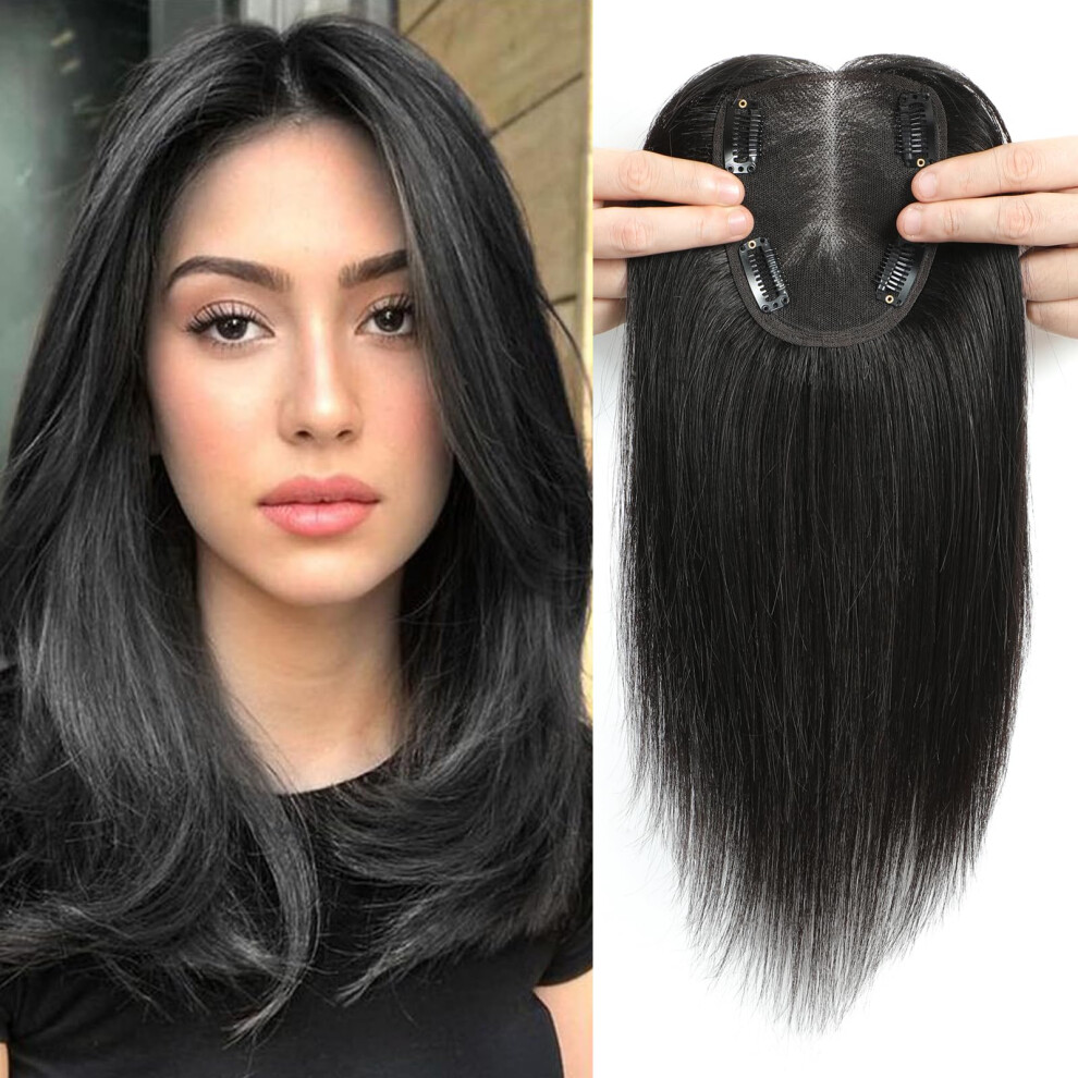 Unisex Black Human Hair Topper For Women Remy Natural 12 Inch Instant Volume Boost And Seamless Blending