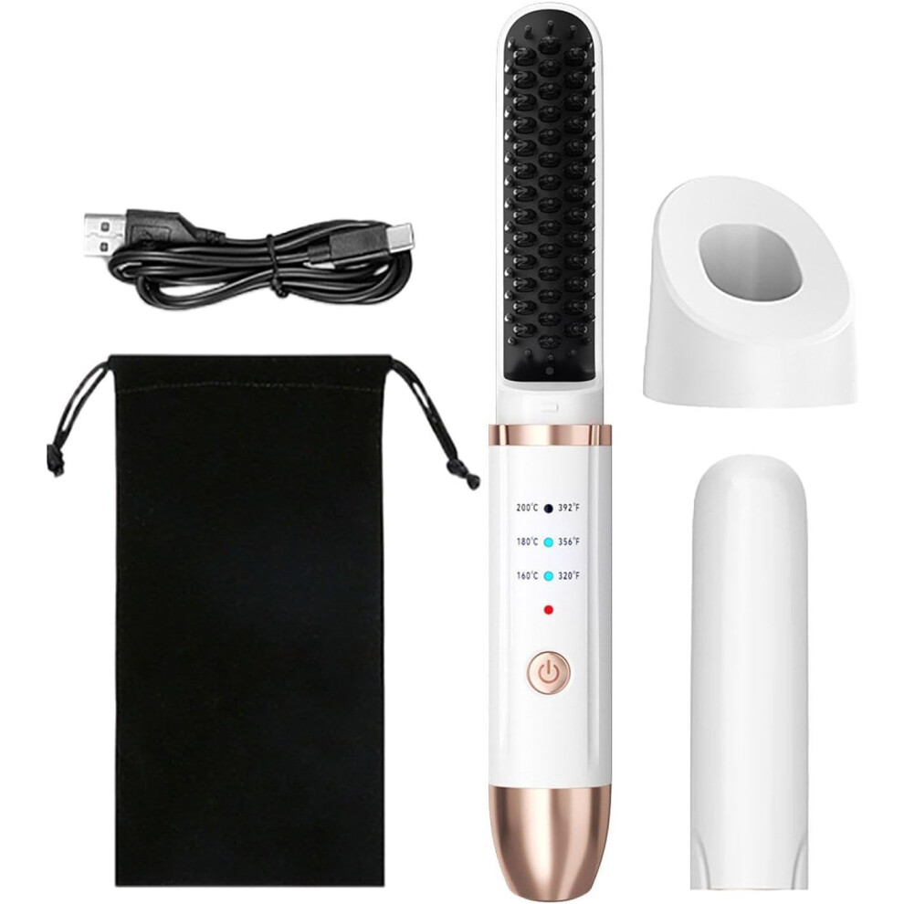 White Cordless Hair Straightener Brush With Negative Ion Technology For Thick Curly Hair, Auto Shutoff,