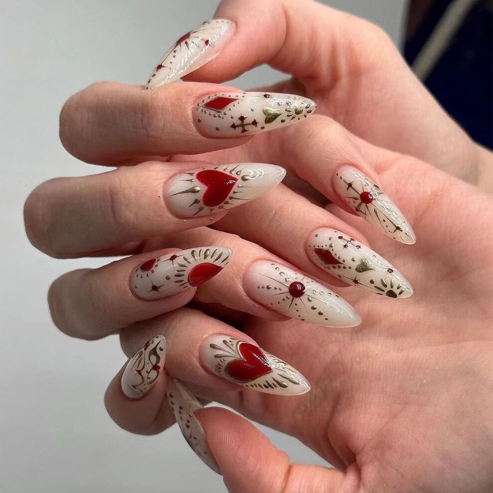 White Valentine Almond Press On Nails With Heart Designs, Medium Length Reusable Fake Nails