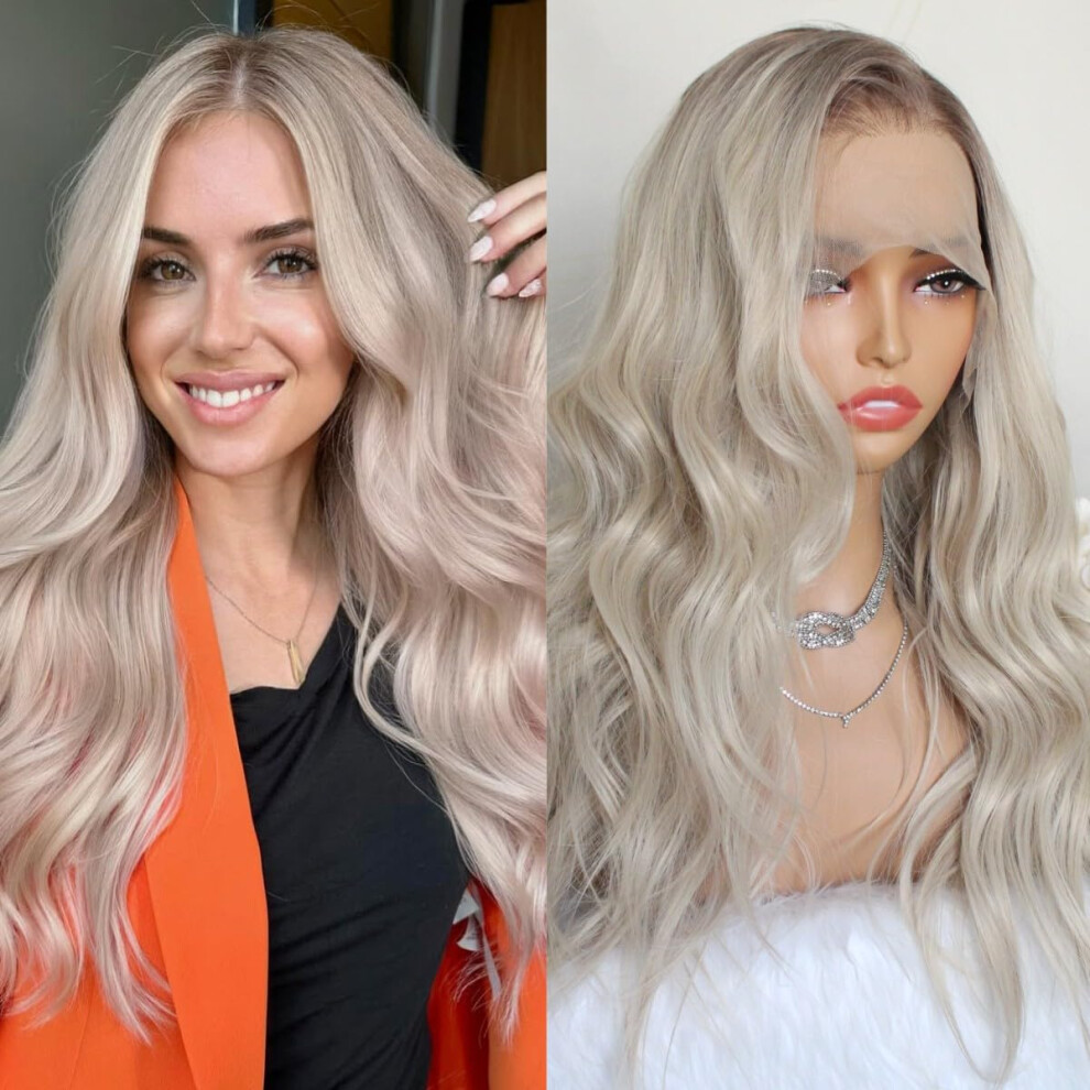 Unisex Ombre Ash Blonde 13X6 Lace Front Wig For Women Long Wavy Synthetic Glueless Natural Hairline 20In