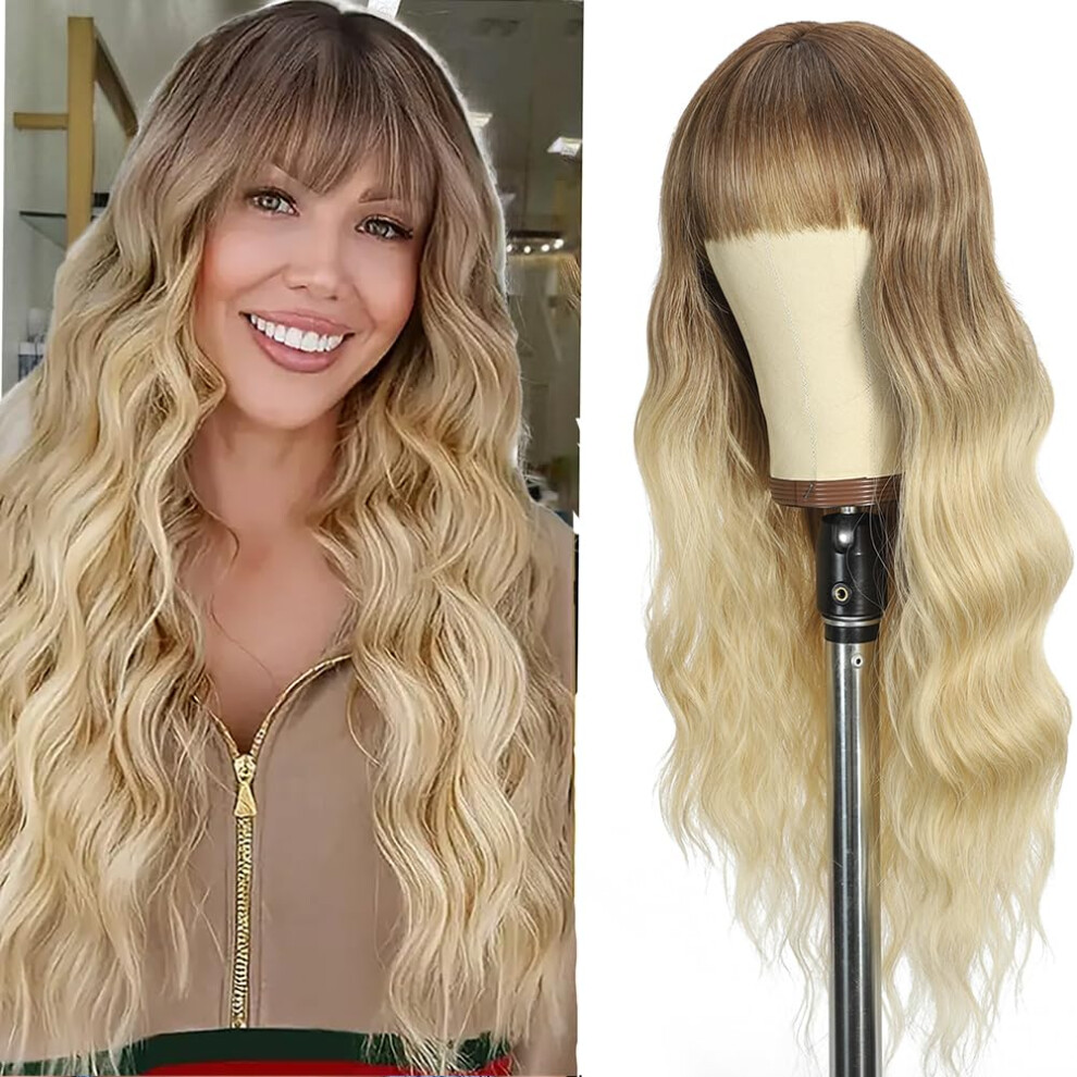 Blonde Wig with Bangs Long Wavy 26 Inch Ombre Brown Blonde Heat Resistant Synthetic Wig for Women