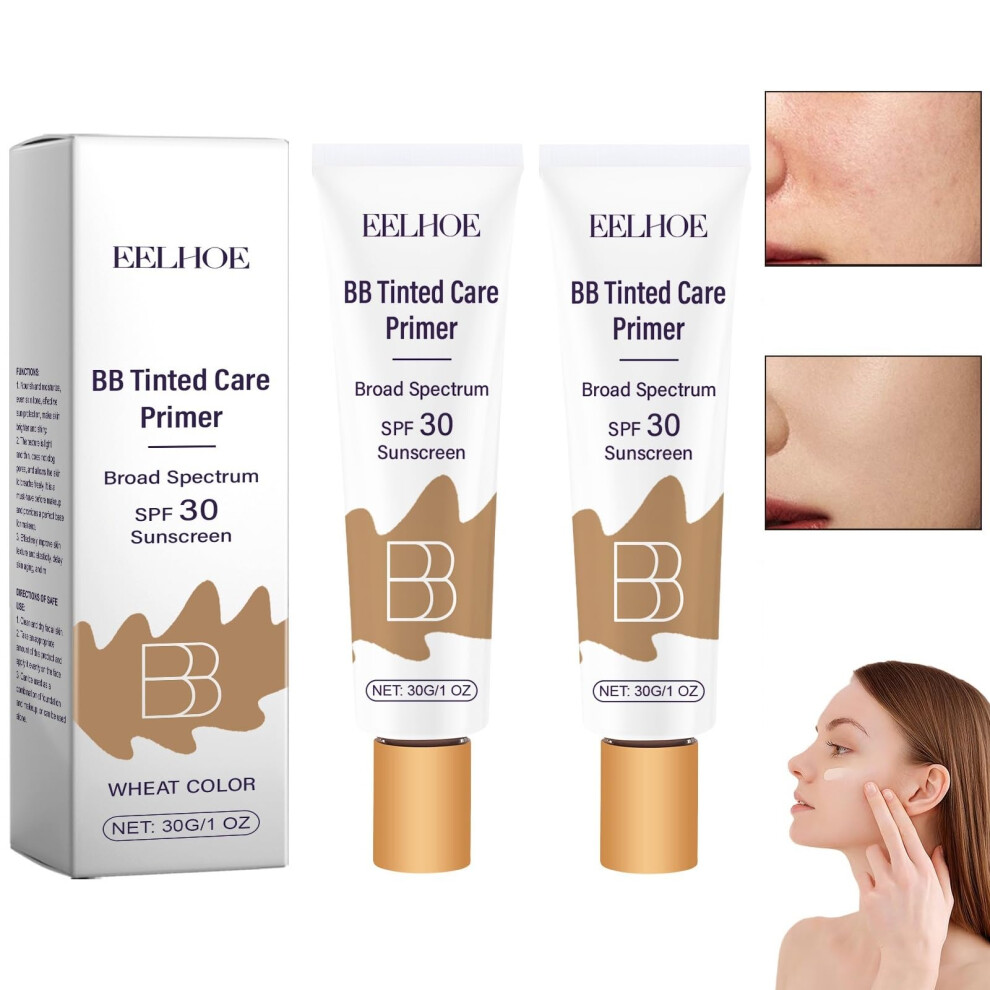 2Pcs BB Cream with SPF 30 Hydrating Tinted Moisturizer Wheat Tone for Smooth Natural Look