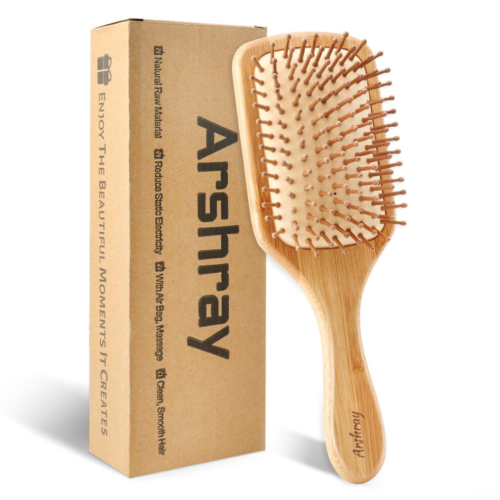 Bamboo Hair Brush with Wooden Comb, Reduce Static, Scalp Massage, Ergonomic Grip for All Hair Types