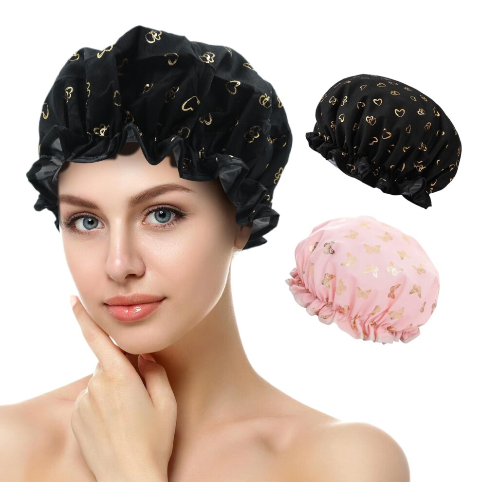 Waterproof Shower Cap for Women with Double Layer, Reusable Elastic Band for Bath Spa Travel