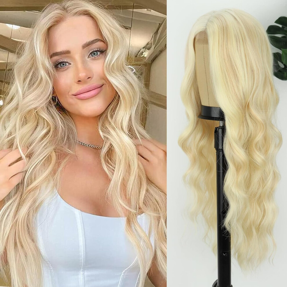 Unisex Long Wavy Blonde Wig For Women Ombre Middle Part Synthetic Hair Natural Look For Daily And Party Use
