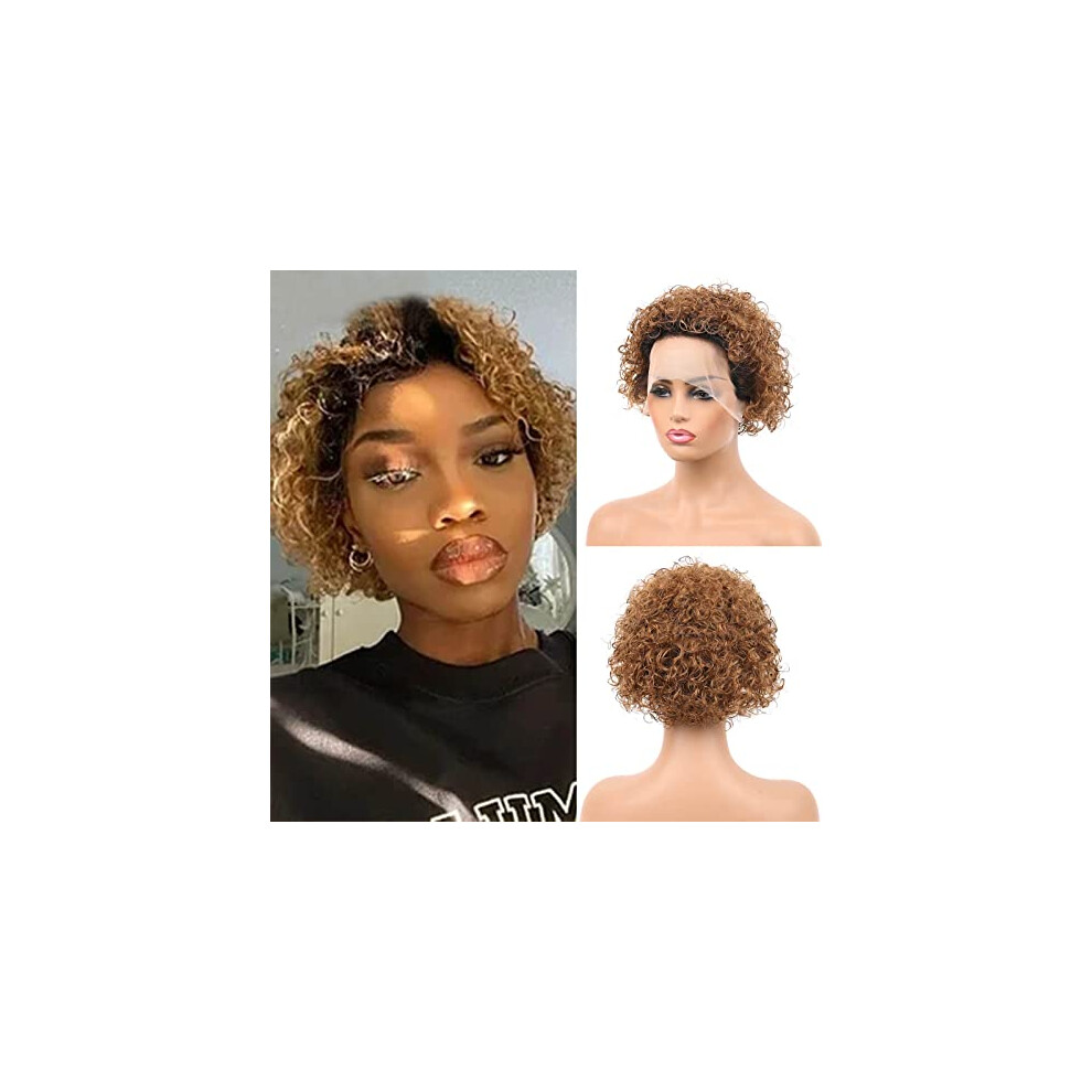 Unisex Pixie Cut Wig Short Curly Human Hair Lace Front Glueless Brazilian Remy Ombre Blonde 13X1