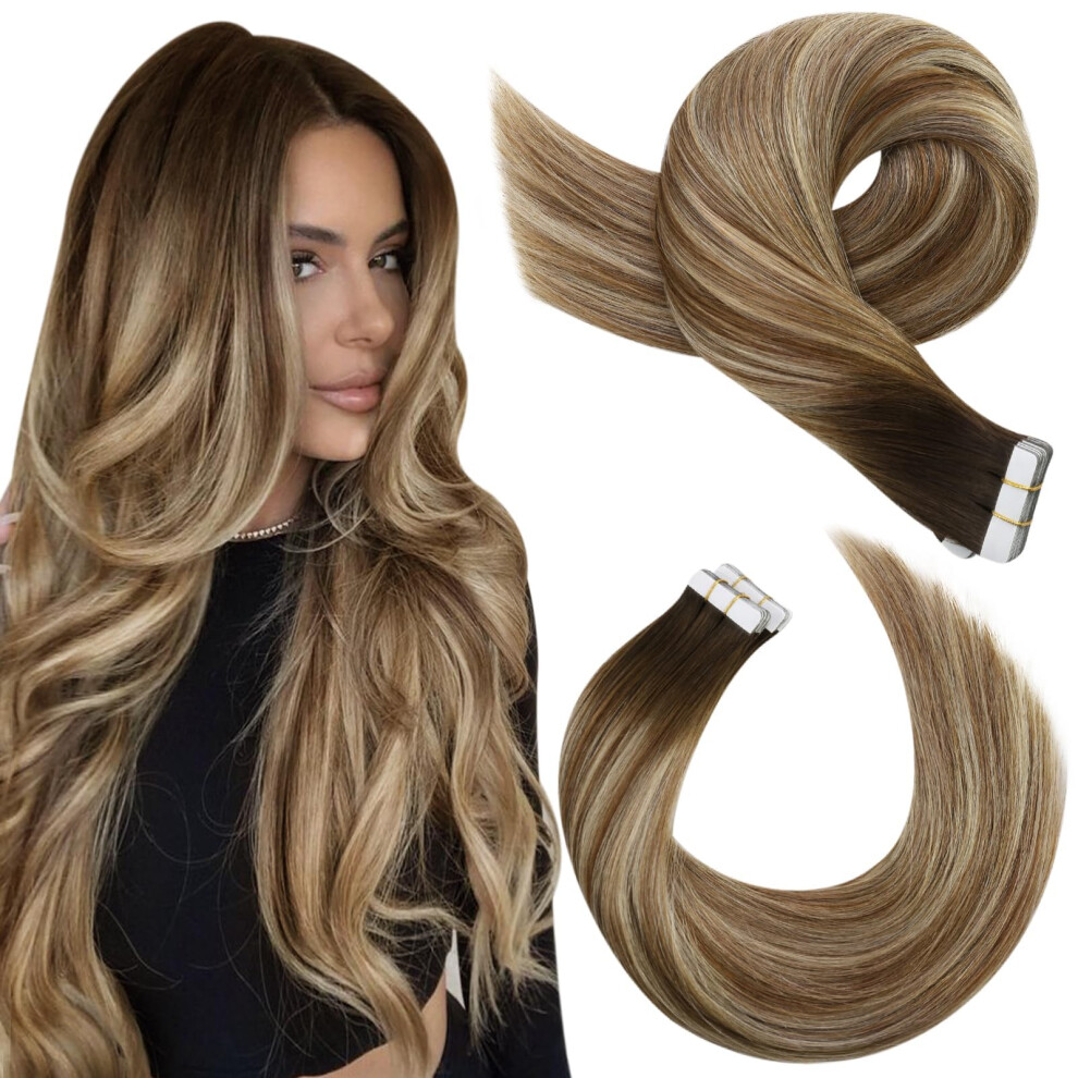 Unisex Black,Brown Tape In Hair Extensions 14 Inch Black And Brown Blonde Remy Human Hair Seamless Invisible Design