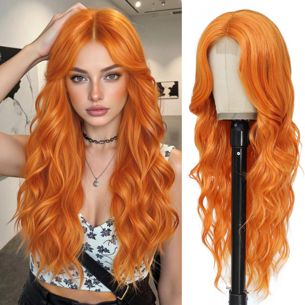 Unisex Orange Wavy Wig 26 Inch Long Curly Heat Resistant Synthetic Hair With Naturallooking Hairline