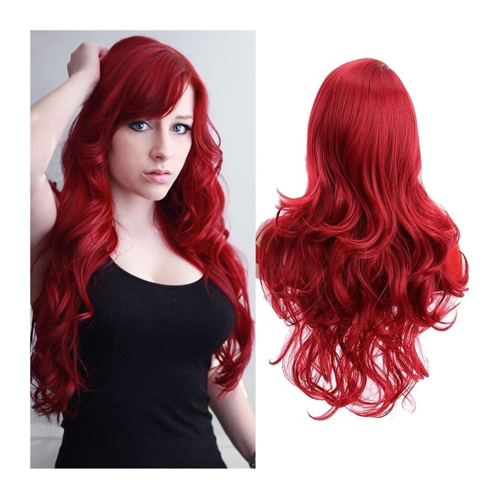 Unisex Red Wig For Women Long Curly Wavy Heat Resistant Synthetic With Bangs For Cosplay And Parties