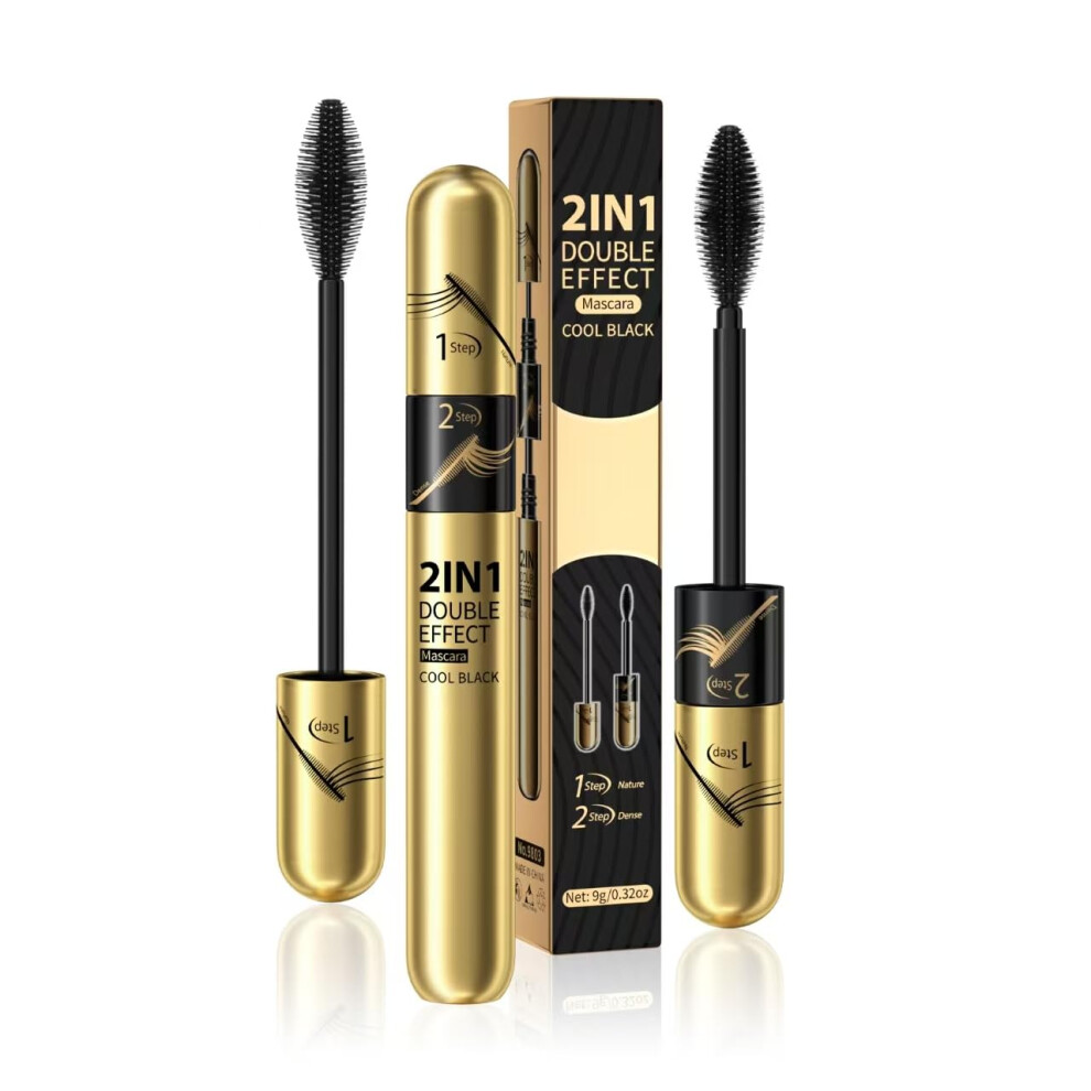 Black 2Pcs Waterproof Volumizing Mascara 4D Fiber Dual Brush Longlasting Curling No Clump