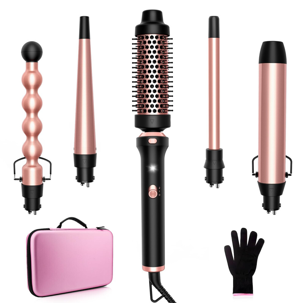 5 in 1 Curling Wand Set with Interchangeable Ceramic Barrels, Dual Voltage, Thermal Brush, Travel Case