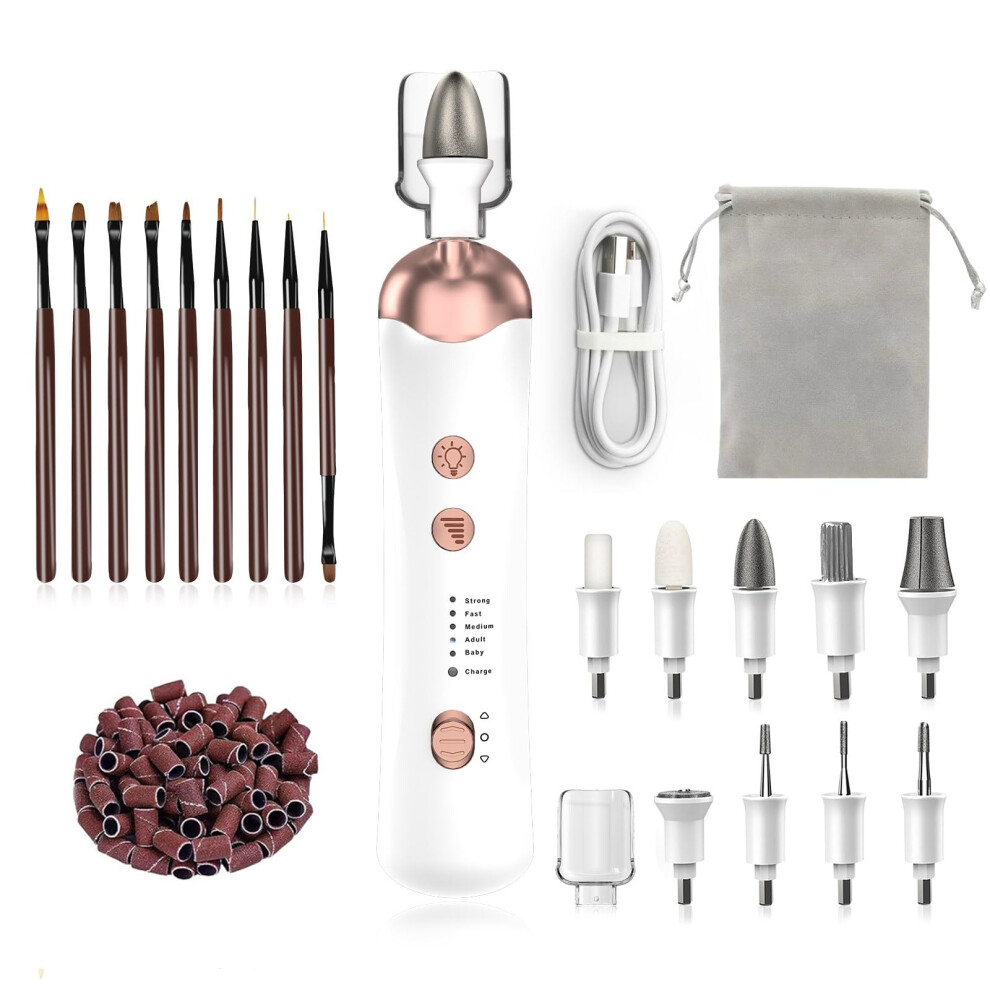 White Electric Nail Drill With 5Speed Control, Cordless Manicure Pedicure Kit For Thick Toenails And Cuticles