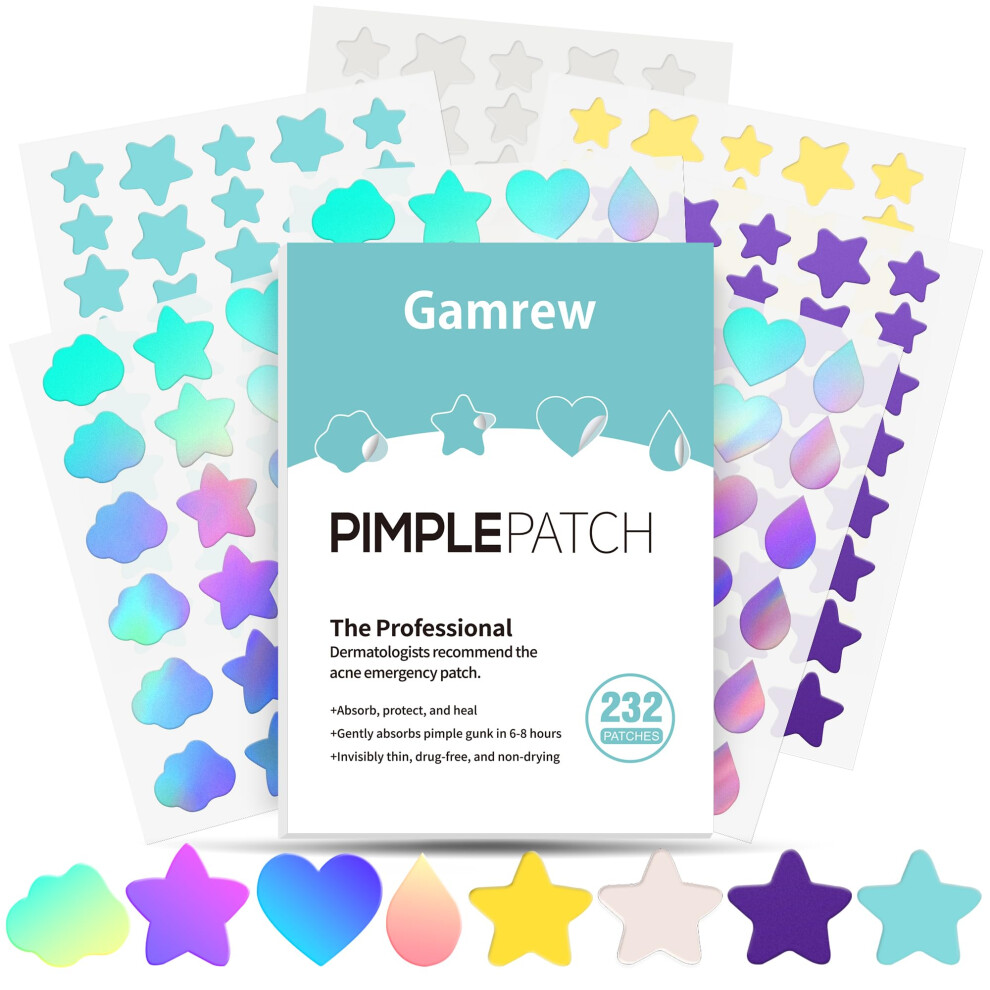 Pimple Patches for Face Acne, Hydrocolloid Cute Star Designs, Assorted Sizes Overnight Blemish Cover, 232pcs