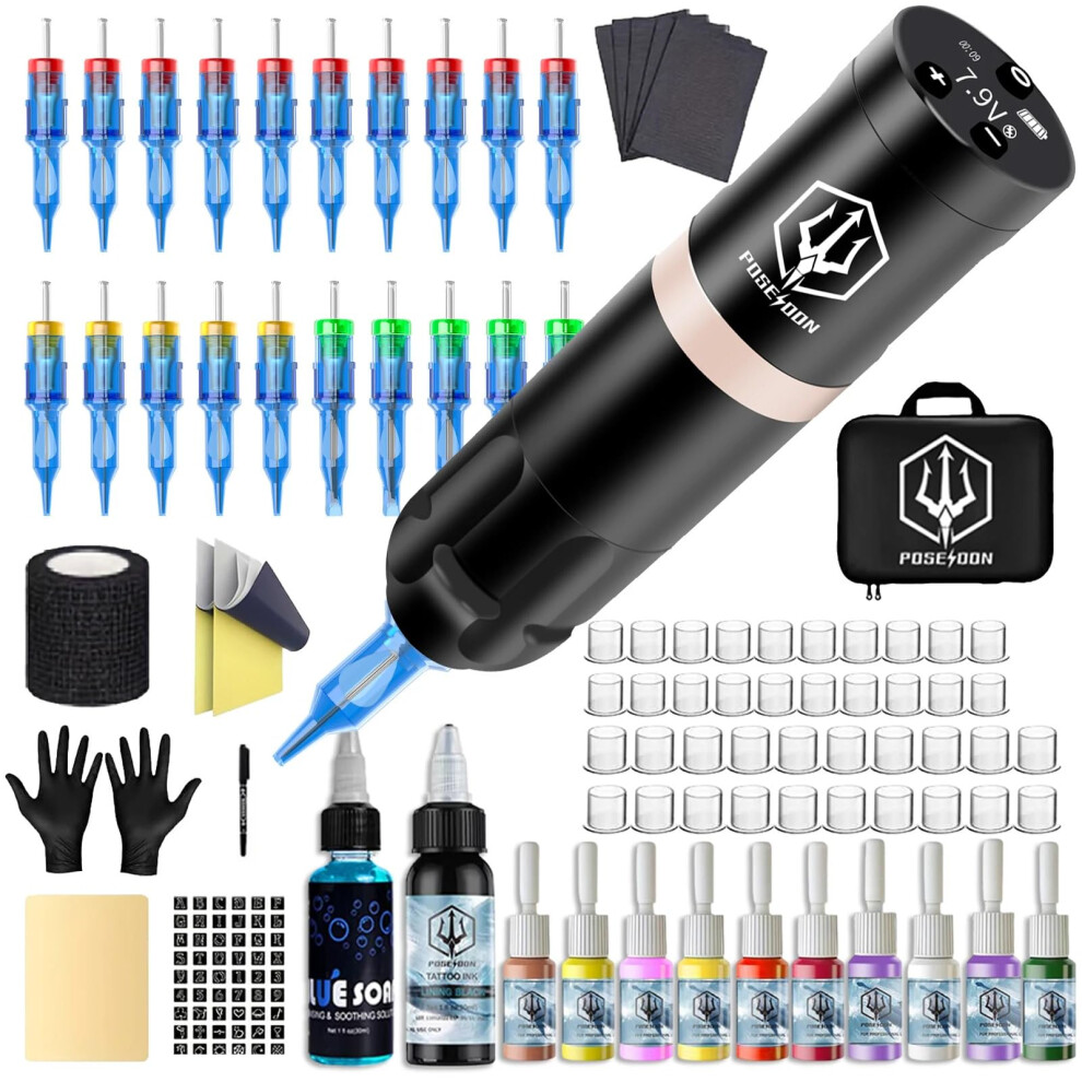 Tattoo Pen Kit with Power Supply, Ergonomic Grip, Quiet Rotary Operation for Beginners and Pros
