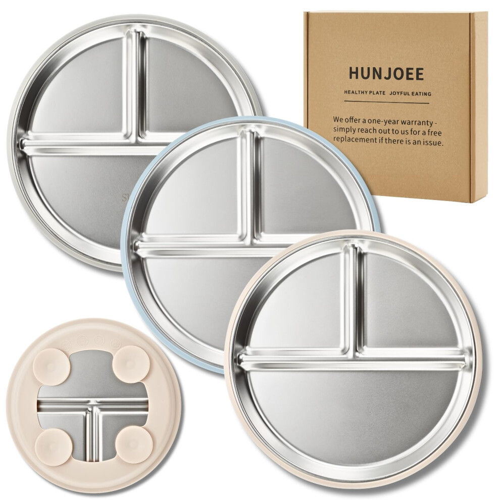 3 Pack Toddler Suction Plates, Stainless Steel Baby Weaning Plates with Divided Design and BPA Silicone Base