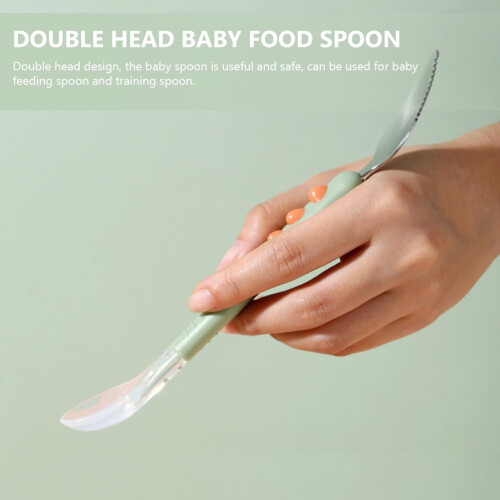 Soft Silicone Dual‑Head Baby Feeding and Fruit Scraper Spoon with Storage Box – Light Green 2