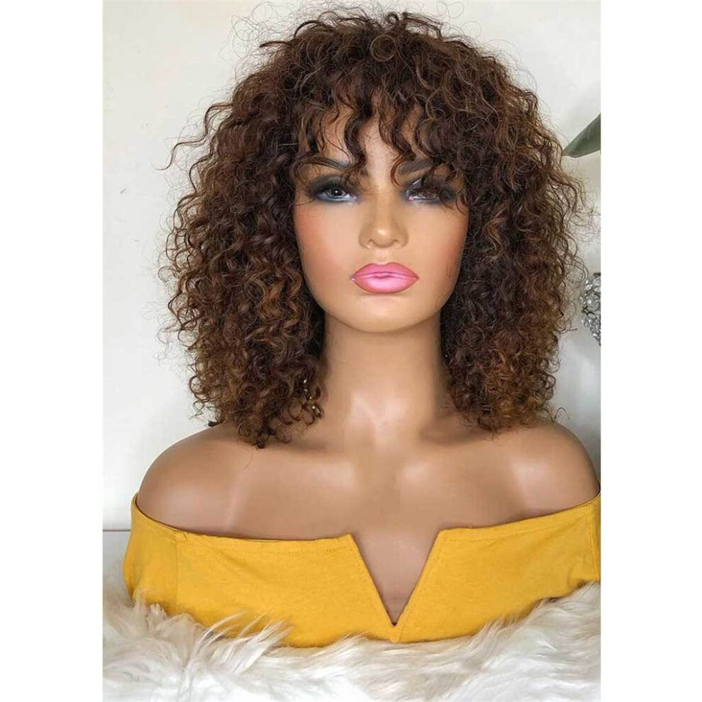 16 Inch Wavy Human Hair Wig With Bangs 180 Density Glueless Remy Brazilian Wig Brown