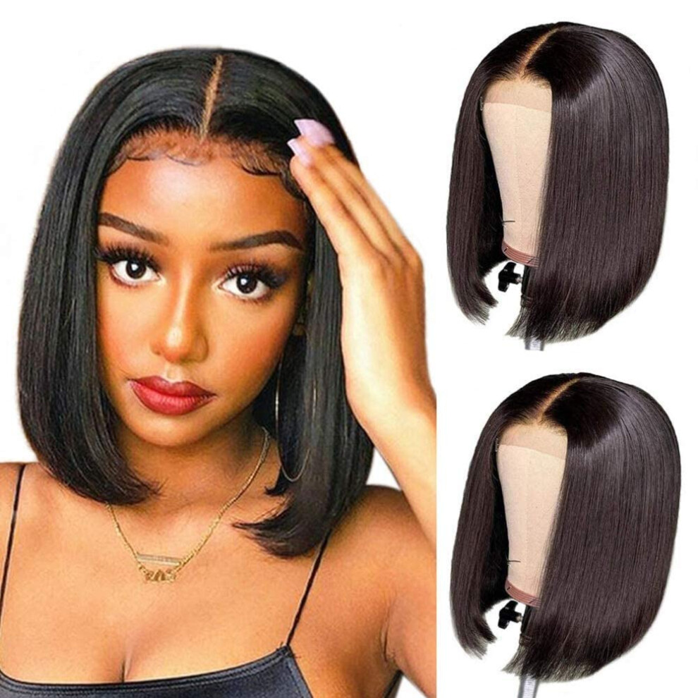 Unisex Black Human Hair Bob Wig 4X4 Lace Closure Glueless Brazilian Remy Hair Pre Plucked For Women 8Inch