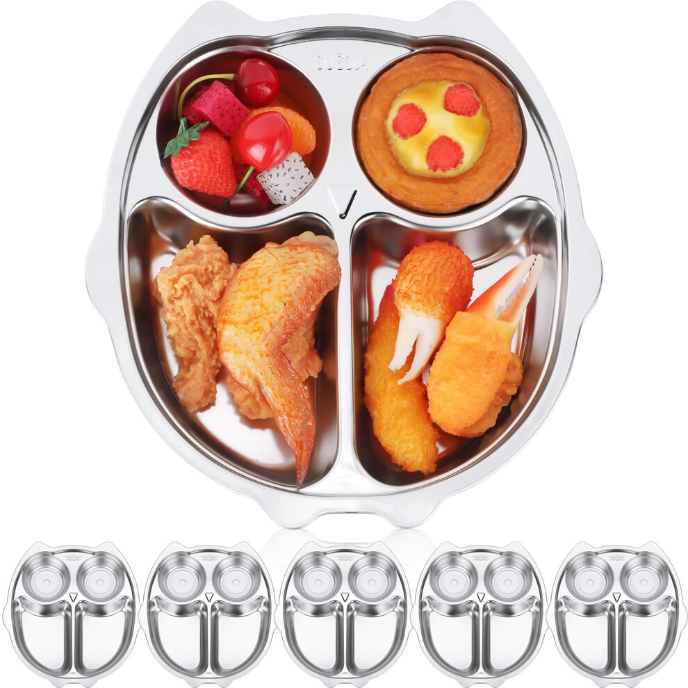 6 Pcs Stainless Steel Kids Plates Owl Shape Divided Toddler Dinner Plates Dishwasher Safe FourSection Design