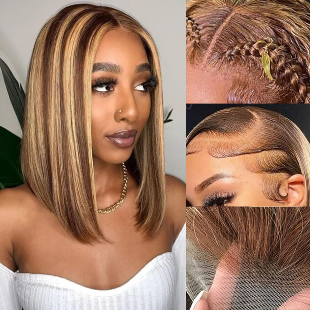 Unisex Brown Human Hair Bob Wig 16 Inch Ombre Honey Blonde 13X4 Hd Lace Front PreâPlucked 180% Density