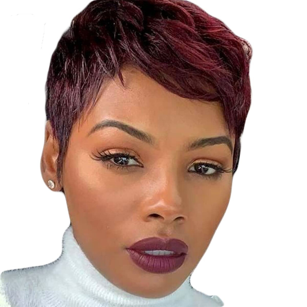 Unisex Black Pixie Cut Human Hair Wig With Bangs For Women Glueless Layered Style Real Hair #33 Color