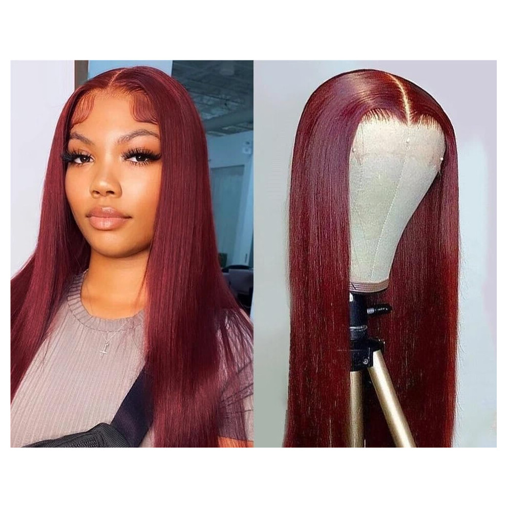 Unisex Red 13X6 Hd Lace Front Wig Human Hair 99J Burgundy Straight Pre Plucked Hairline 180% Density 24In