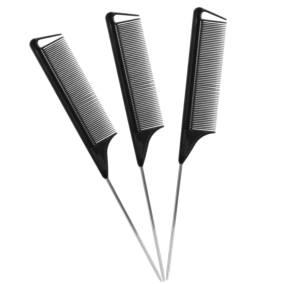 Rat Tail Comb Set 3 Pack Carbon Fiber Teasing Combs with Metal Tail for Precise Parting and Styling Black