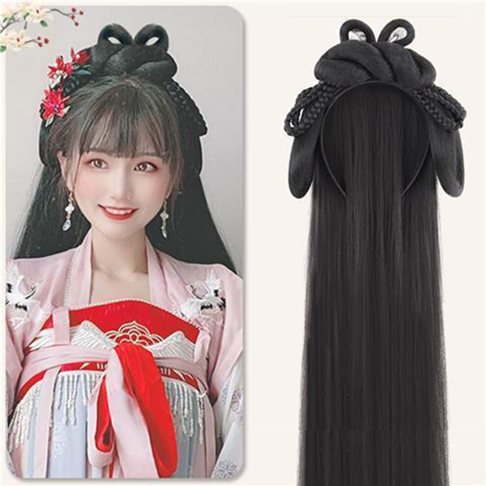 Unisex Black Hanfu Wig For Women Chinese Traditional Bun Headdress Natural Hair Look Lightweight Fit