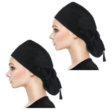 Scrub Cap with Buttons for Long Hair, Cotton Adjustable Working Hat with Sweatband, Ponytail Holder Design, 2 Pack Black