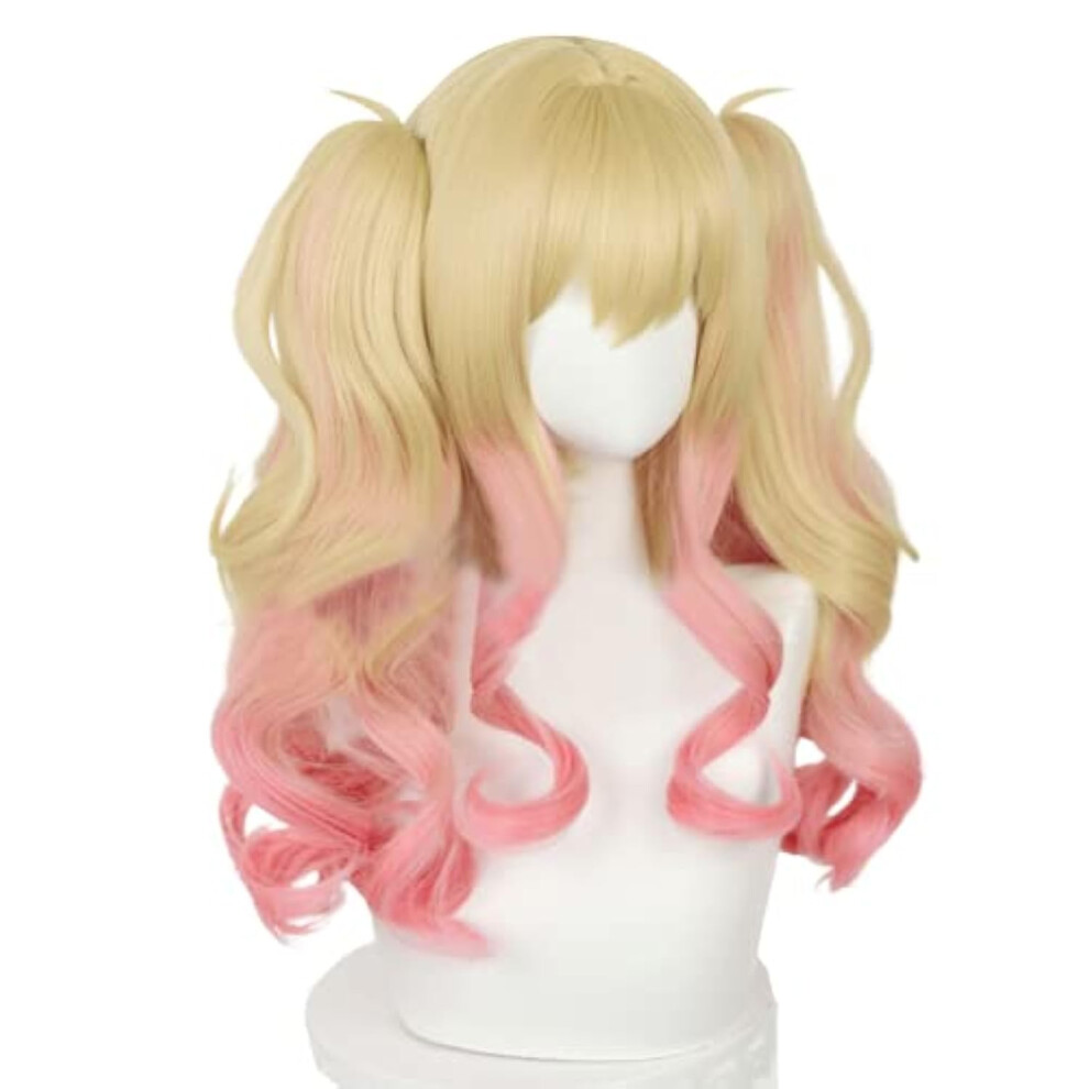 Unisex Pink Anime Cosplay Wig Long Gradient Double Ponytail Curly Hair Heat Resistant Fiber With Wig Cap