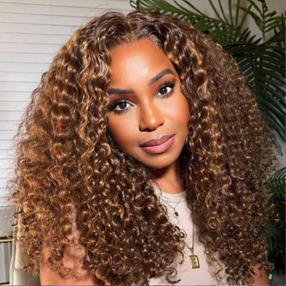Unisex Brown Human Hair Lace Front Wig 13X4 Hd Transparent Ombre Highlight Curly Glueless Pre Plucked 150% Density 22Inch
