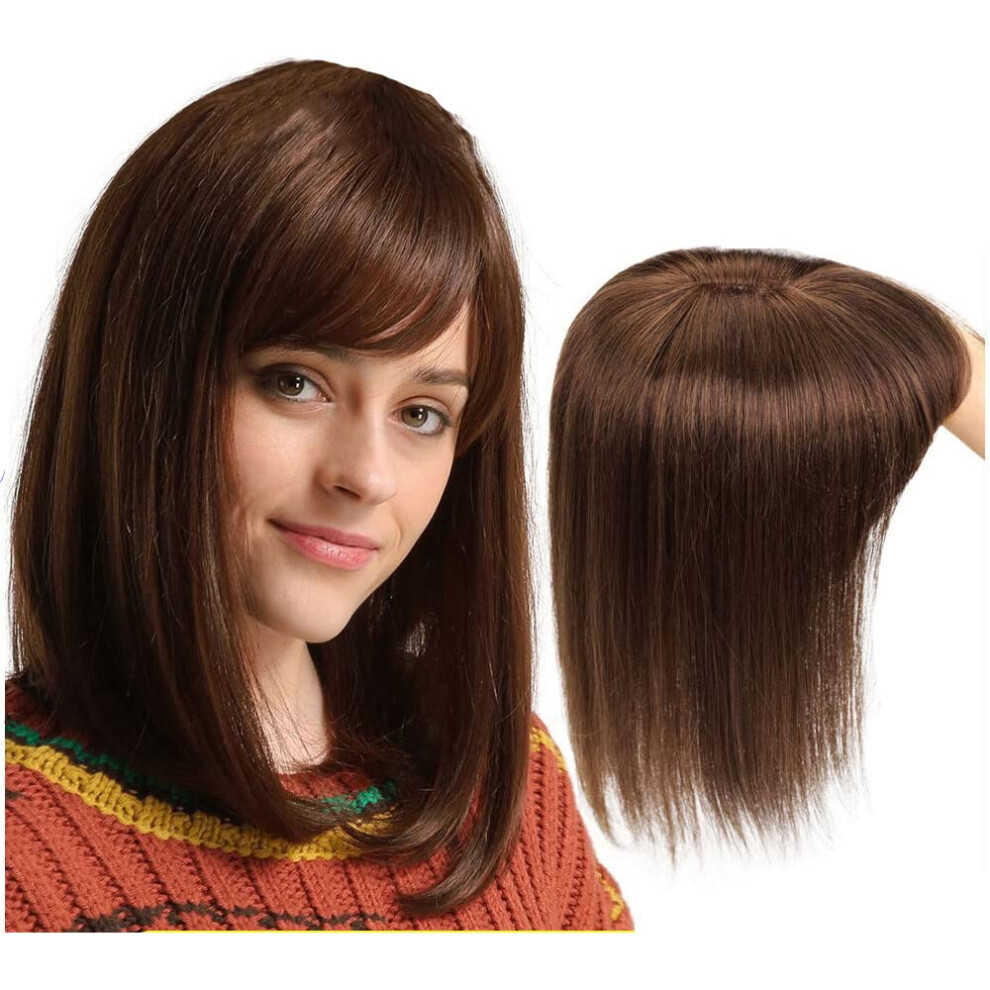 Unisex Brown Human Hair Topper With Bangs 13X13cm Clip In Hair Piece For Women Instant Volume Boost Natural Look