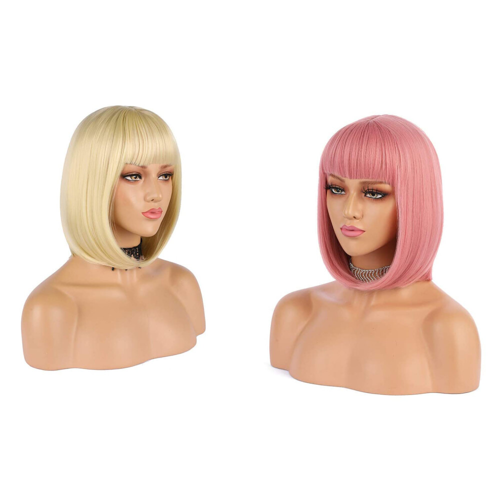Short Bob Wig With Bangs Heat Resistant Synthetic Colorful Cosplay Bob Wig For Women Natural Look And Blonde Pink