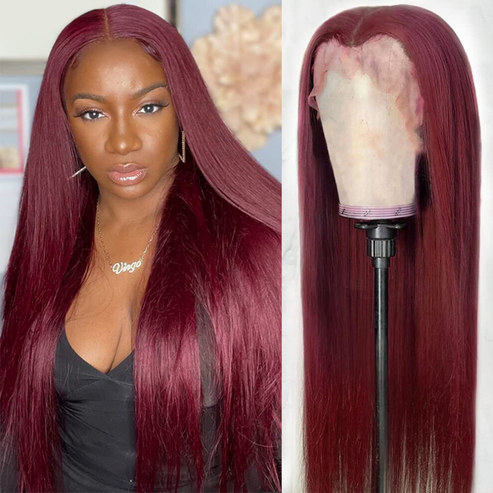 Unisex Red 99J Burgundy Lace Front Wig Human Hair 13X4 Straight Pre Plucked With Baby Hair 22 Inch