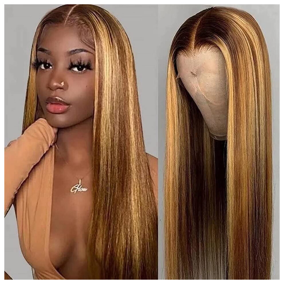 Unisex 32 Inch Straight Ombre Highlight 4/27 Hd Lace Front Wig Brazilian Virgin Human Hair Pre Plucked Glueless 180% Density Natural Hairline For Women
