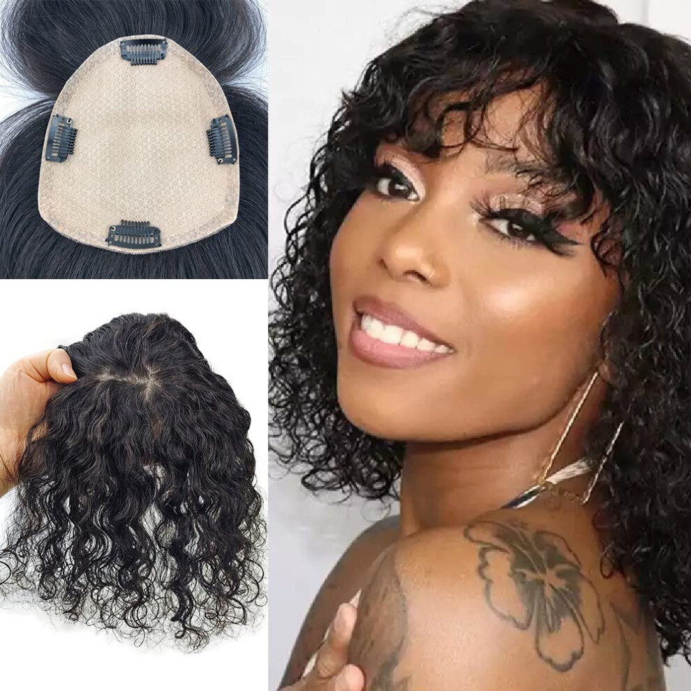 Unisex Water Wave Remy Human Hair Wig With Bangs Silk Base Topper 12X13cm Natural Volumizing Crown Coverage