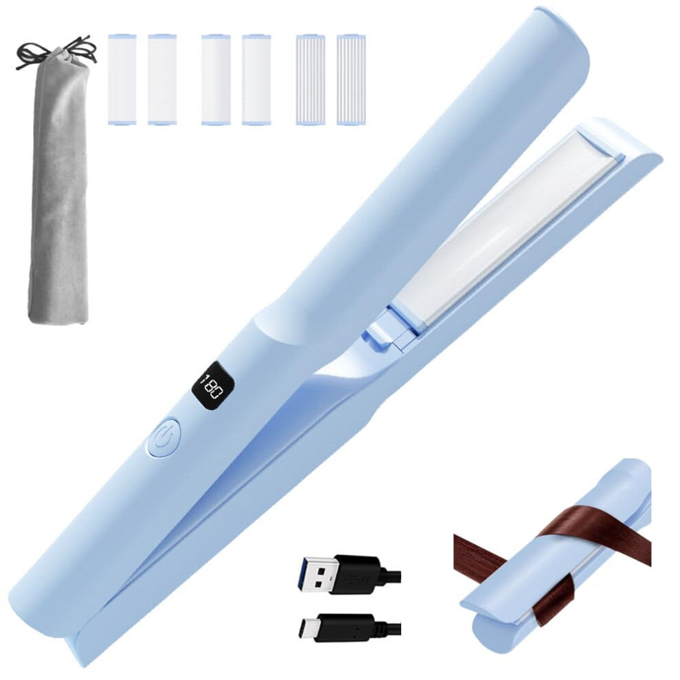 Sky Blue Cordless Hair Straightener And Mini Curling Iron 3 In 1 Usbc Rechargeable Fast Heat