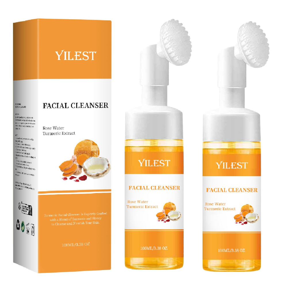 Turmeric Face Wash with Brush, Deep Pore Cleansing Foaming Cleanser, Brightening and Hydration 100ml 2 Pack