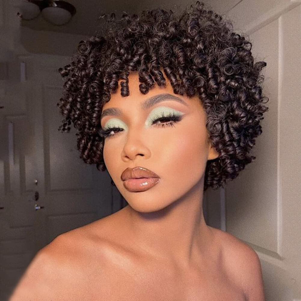 Short Afro Wig with Bangs for Black Women Synthetic Kinky Curly Natural Looking Adjustable Fit