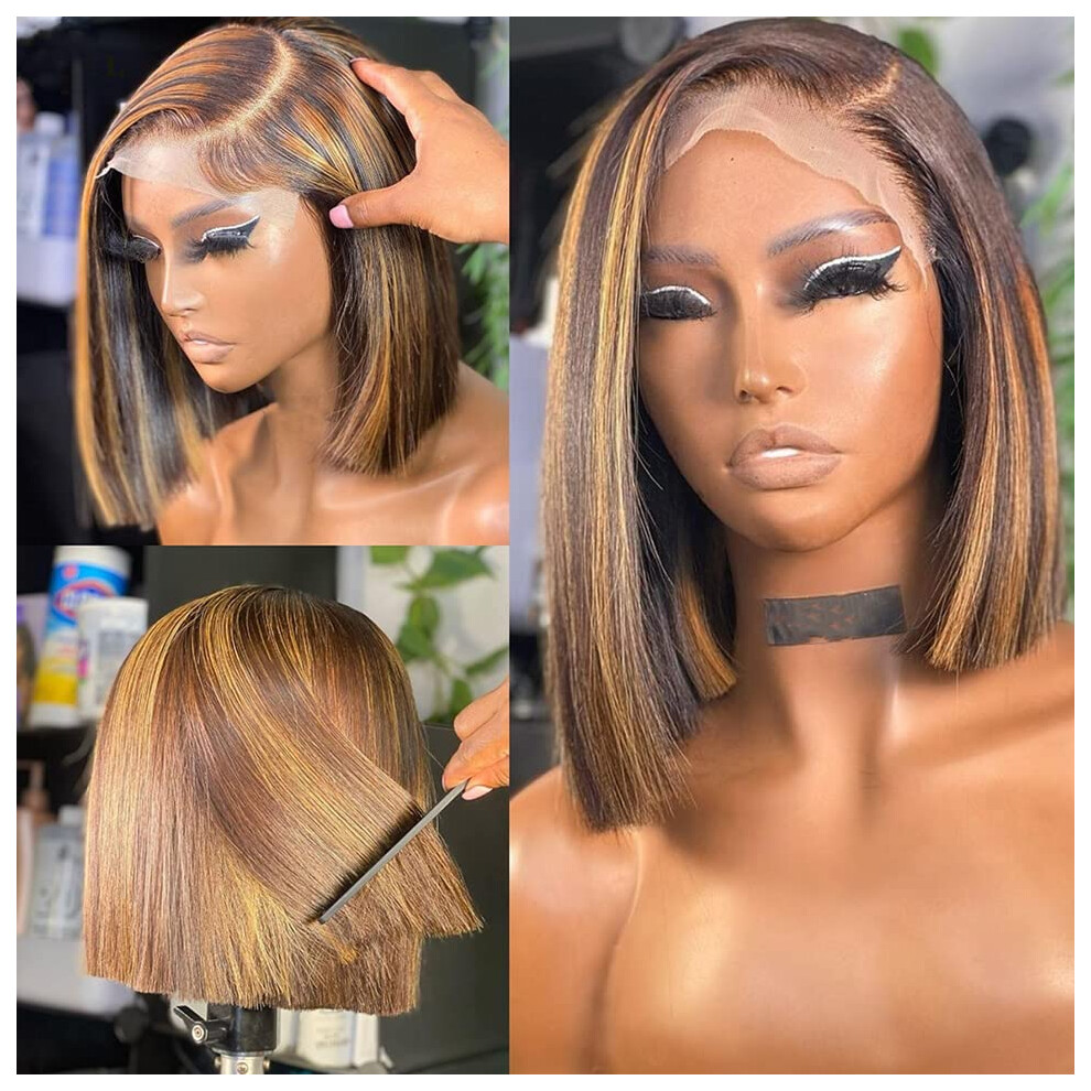 Unisex Black 13X4 Lace Front Human Hair Bob Wig For Women, Brazilian Remy Straight Ombre Highlight, Pre Plucked Hairline