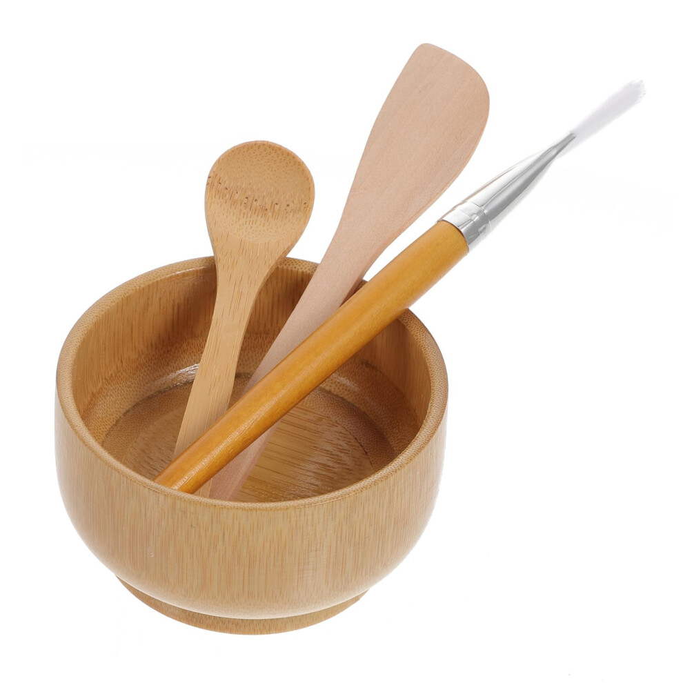 Wooden Facial Mask Mixing Bowl Set with Brush and Spoon for DIY Skincare at Home or Salon