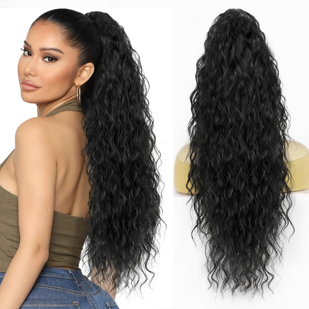 30 Inch Long Curly Ponytail Hair Extension with Secure Drawstring Fit, Synthetic Black Wavy Hairpiece
