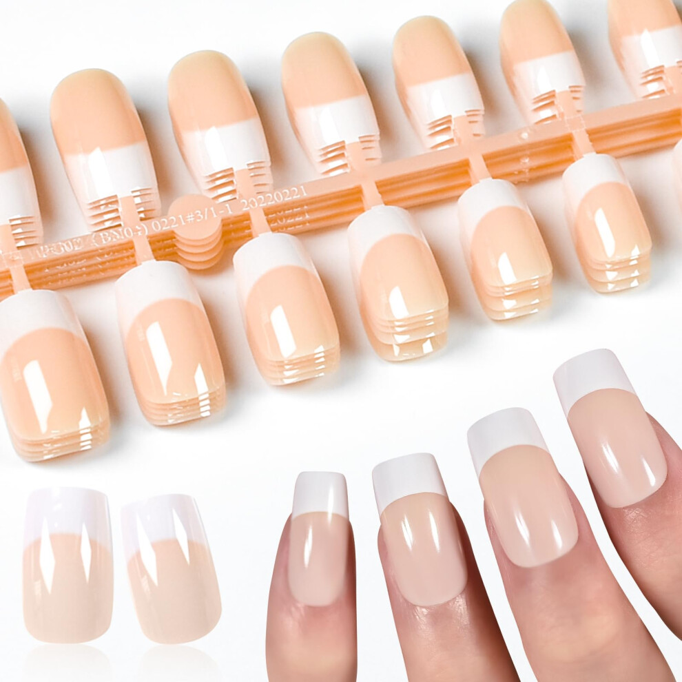 Beige French Tips Press On Nails Reusable Acrylic Fake Nails Squoval Medium Length Salon Style