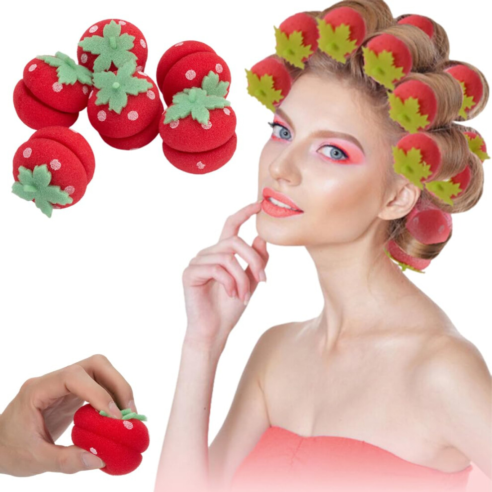 Red Heatless Hair Curlers Strawberry Soft Sponge For Overnight Curls Damage Styling 12 Pcs
